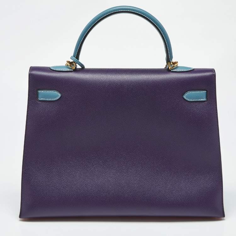Pre Owned Hermes Bleu Jean/Anemone/Rose Tyrien Epsom Leather Gold Finish Kelly Sellier 35 Bag
