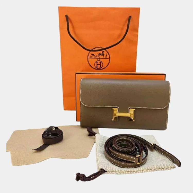 Pre Owned Hermes Constance To Go Wallet in Epsom Etoupe Color Gold Hardware