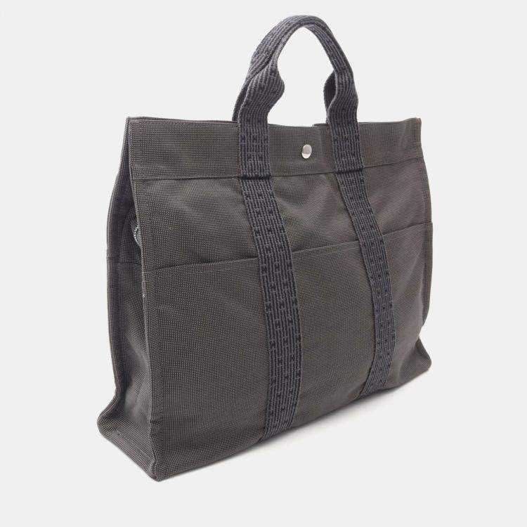 Pre Owned Hermes Herline MM Gray Nylon Canvas Tote Bag