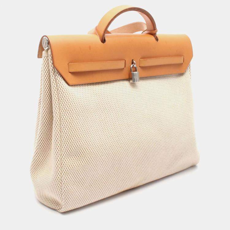 Pre Owned Hermes Herbag MM Toile Hunter Natural Black  Leather Bag