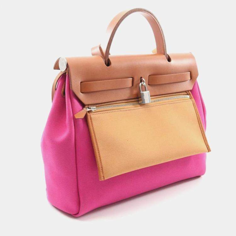 Pre Owned Hermes Herbag PM Brown Pink Canvas Shoulder Bag