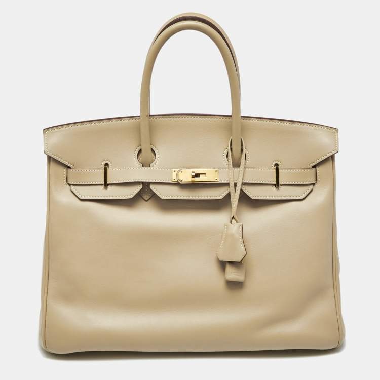 Pre Owned Hermes Beige Swift Leather Gold Finish Birkin 35 Bag
