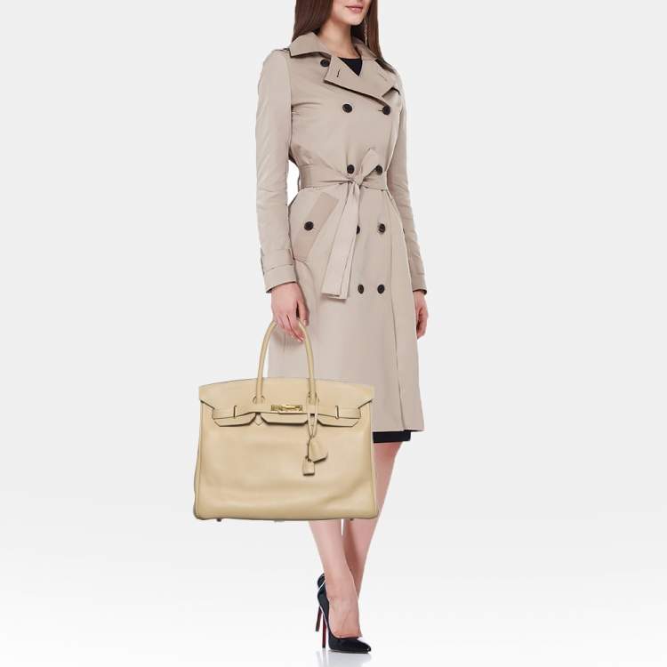 Pre Owned Hermes Beige Swift Leather Gold Finish Birkin 35 Bag