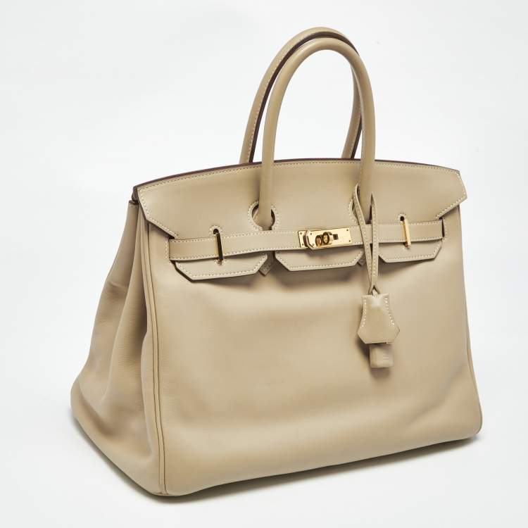 Pre Owned Hermes Beige Swift Leather Gold Finish Birkin 35 Bag
