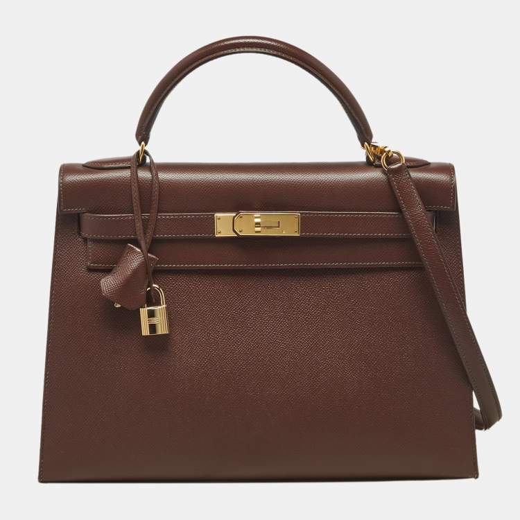 Pre Owned Hermes Chocolat Courchevel Leather Gold Finish Kelly Sellier 32 Bag