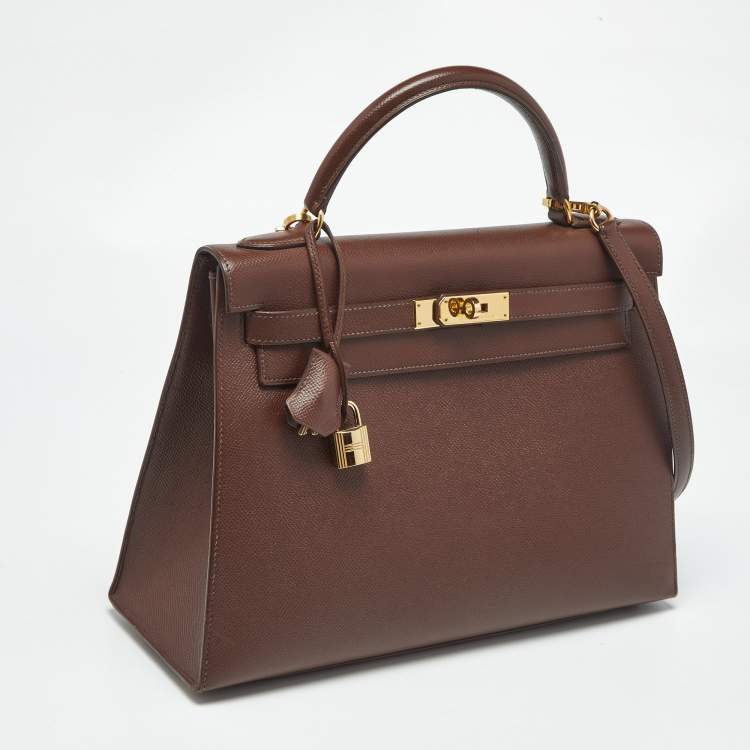 Pre Owned Hermes Chocolat Courchevel Leather Gold Finish Kelly Sellier 32 Bag