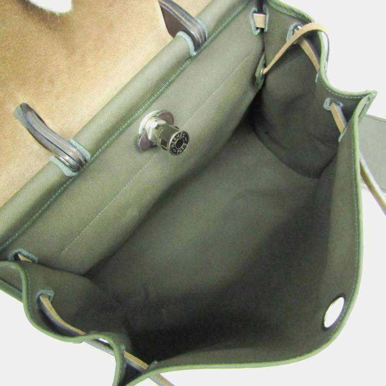 Pre Owned Hermes Her Bag Zip Dark Brown Khaki Toile Officier Leather Handbag MM