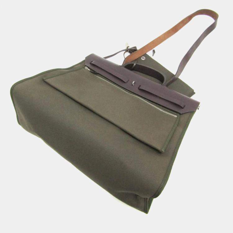 Pre Owned Hermes Her Bag Zip Dark Brown Khaki Toile Officier Leather Handbag MM