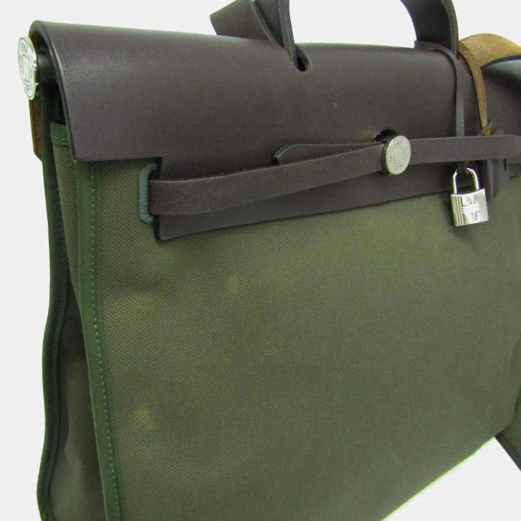 Pre Owned Hermes Her Bag Zip Dark Brown Khaki Toile Officier Leather Handbag MM
