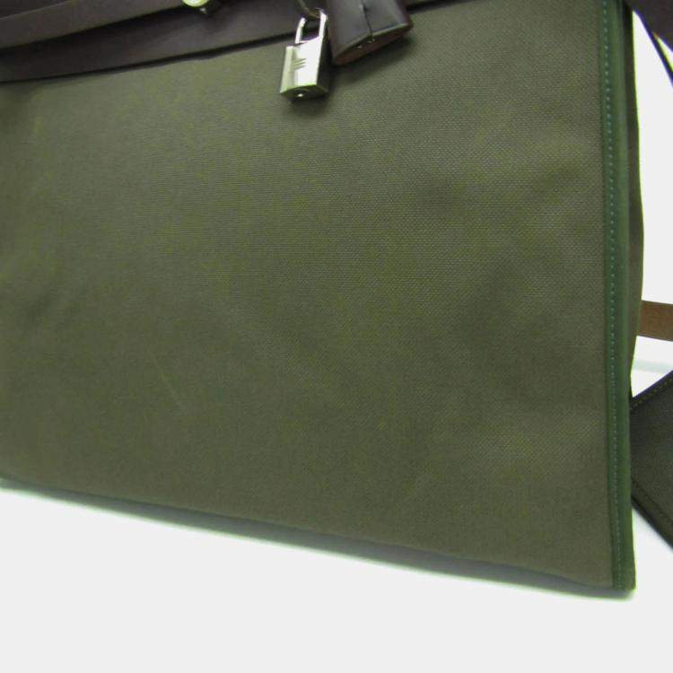 Pre Owned Hermes Her Bag Zip Dark Brown Khaki Toile Officier Leather Handbag MM