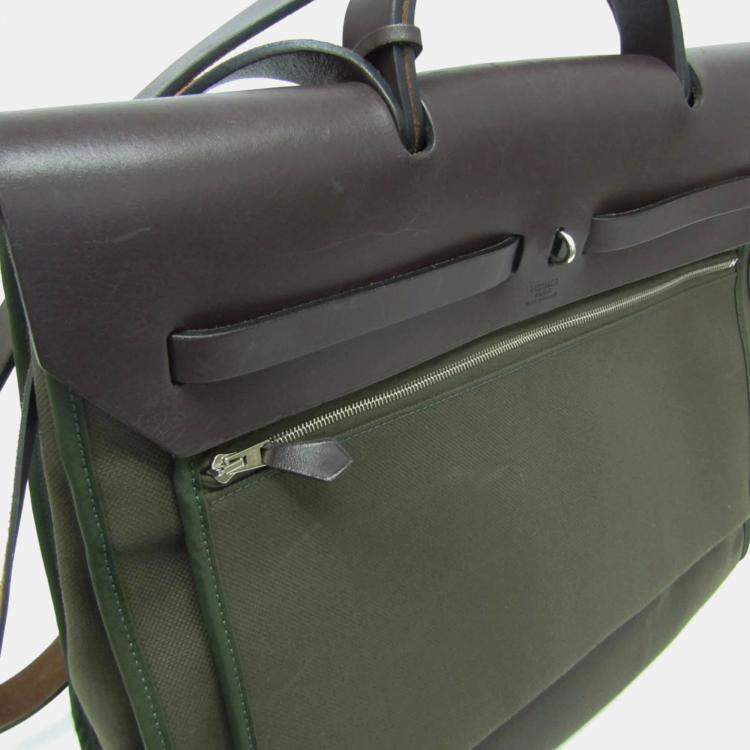 Pre Owned Hermes Her Bag Zip Dark Brown Khaki Toile Officier Leather Handbag MM