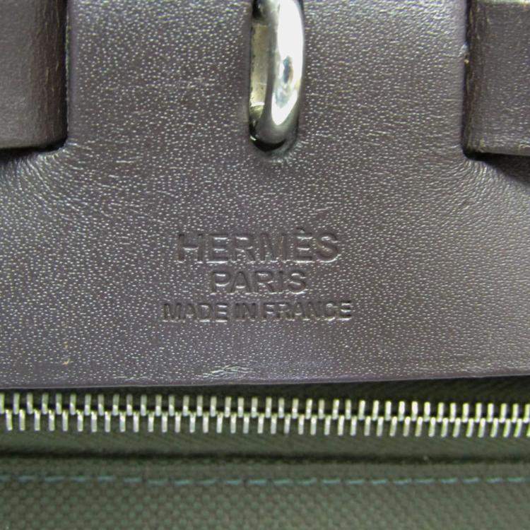 Pre Owned Hermes Her Bag Zip Dark Brown Khaki Toile Officier Leather Handbag MM