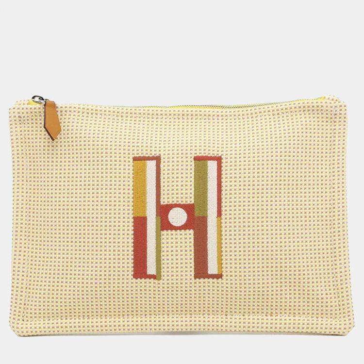 Pre Owned Hermes Fauve Le Corner PM Citron Ochre Toile Chevrons Flat Pouch