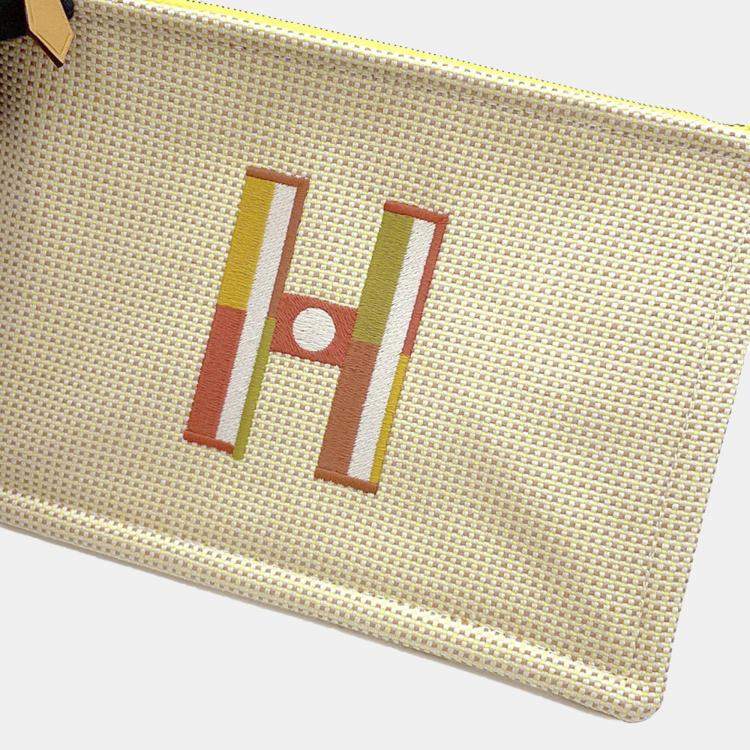 Pre Owned Hermes Fauve Le Corner PM Citron Ochre Toile Chevrons Flat Pouch