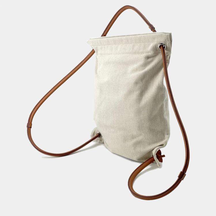 Pre Owned Hermes Aline Backpack Beige Natural Toile Chevrons Barenia Leather Shoulder Bag
