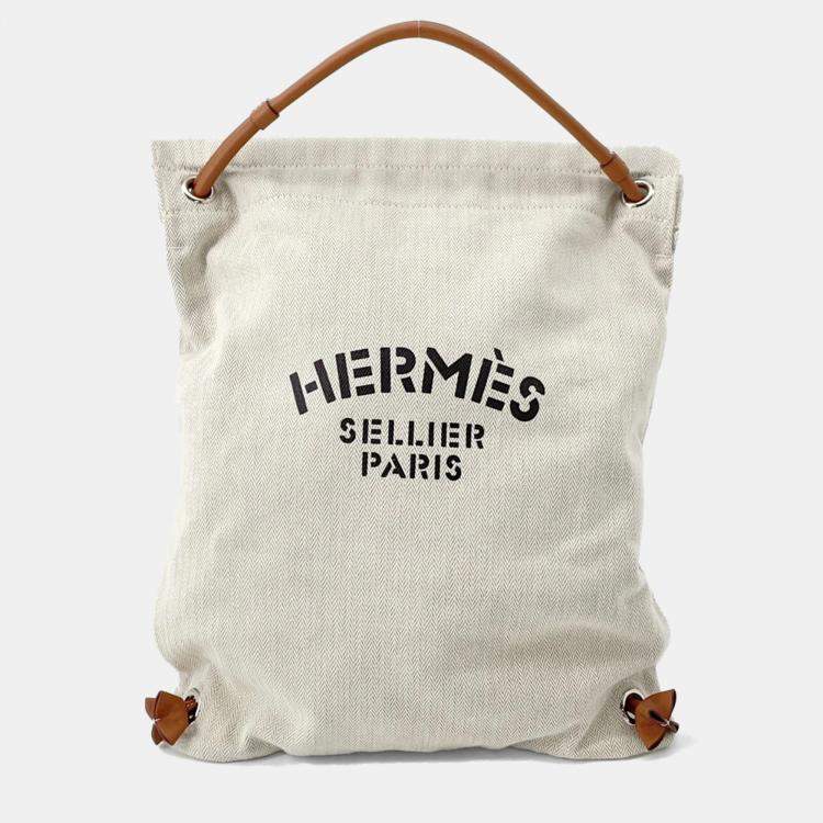 Pre Owned Hermes Aline Backpack Beige Natural Toile Chevrons Barenia Leather Shoulder Bag