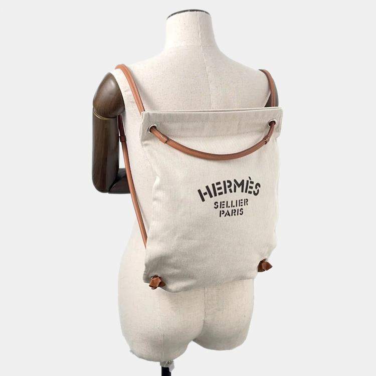 Pre Owned Hermes Aline Backpack Beige Natural Toile Chevrons Barenia Leather Shoulder Bag