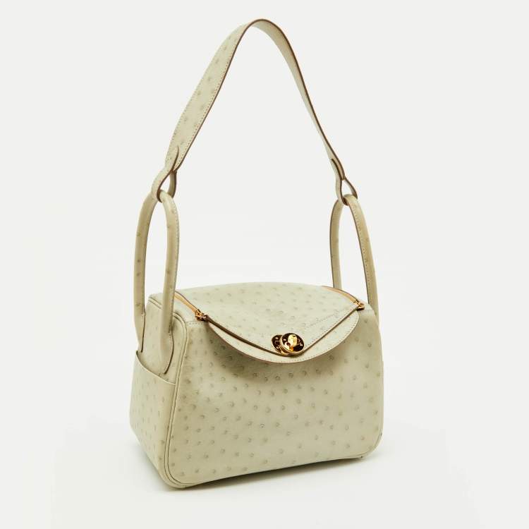 Pre Owned Hermès Gris Perle Ostrich Gold Finish Lindy 26 Bag
