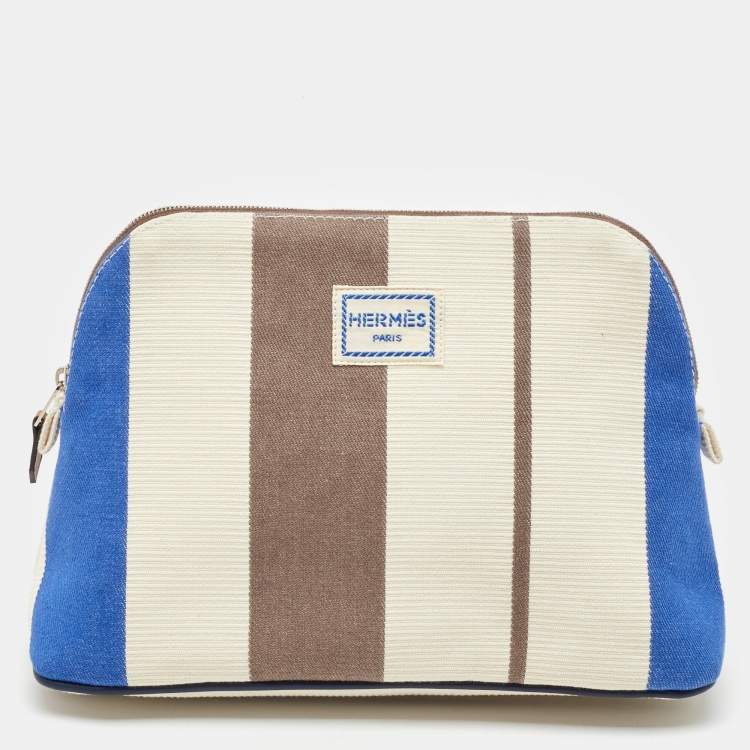 Pre Owned Hermes Rayures Rocabar Stripe Canvas Bolide Medium Travel Pouch Bag