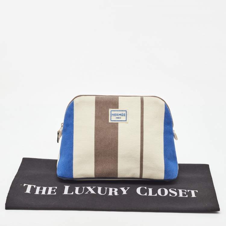 Pre Owned Hermes Rayures Rocabar Stripe Canvas Bolide Medium Travel Pouch Bag