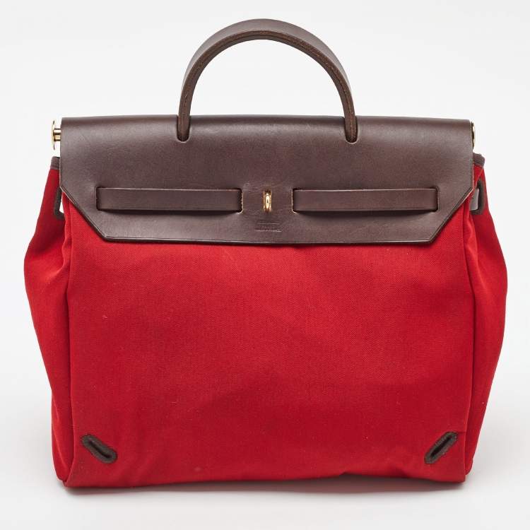 Pre Owned Hermes Brick Red/Moka Toile Canvas and Vache Hunter Herbag 31 Bag