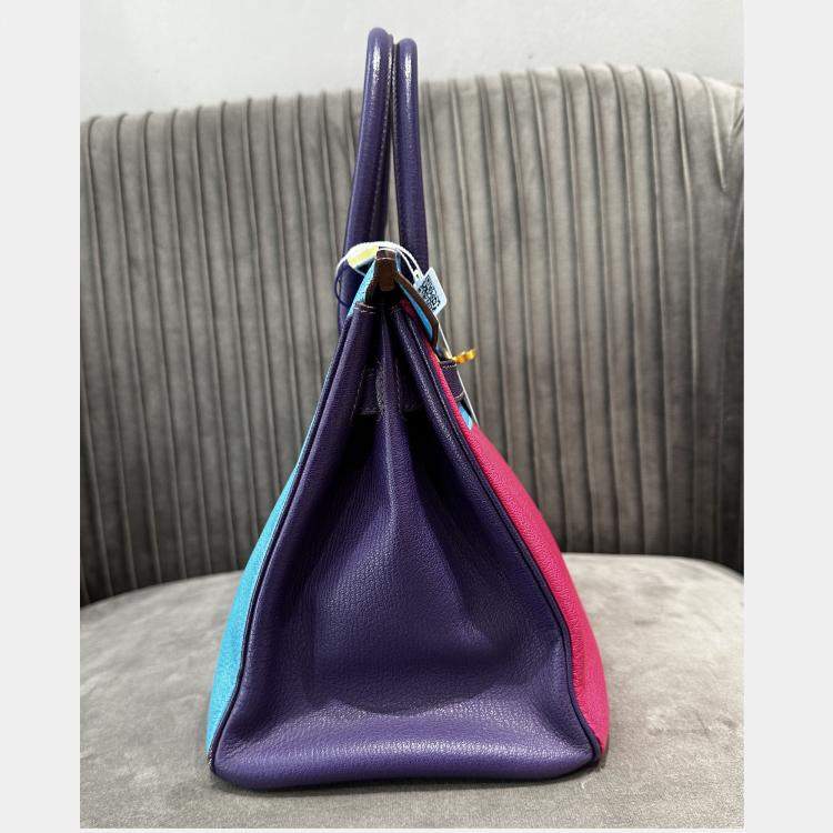 Pre Owned Hermes Birkin 30 Rose Jaipur Lagoon Blue Iris Purple Goat Leather Tote Bag