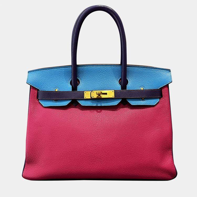 Pre Owned Hermes Birkin 30 Rose Jaipur Lagoon Blue Iris Purple Goat Leather Tote Bag
