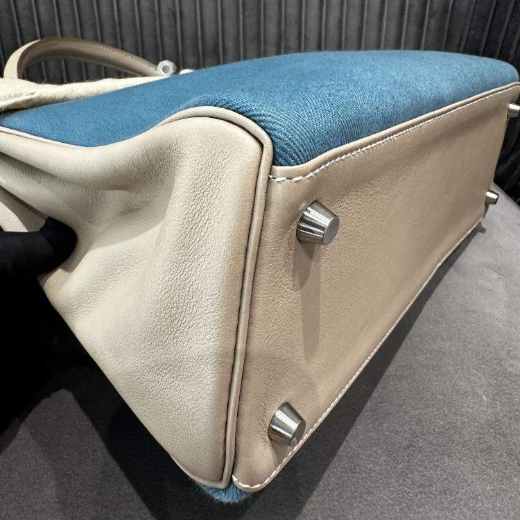 Pre Owned Hermes Kelly 32 Diamond Grey and Denim Blue Canvas Leather Handbag
