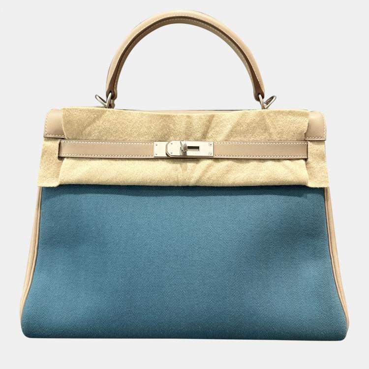 Pre Owned Hermes Kelly 32 Diamond Grey and Denim Blue Canvas Leather Handbag