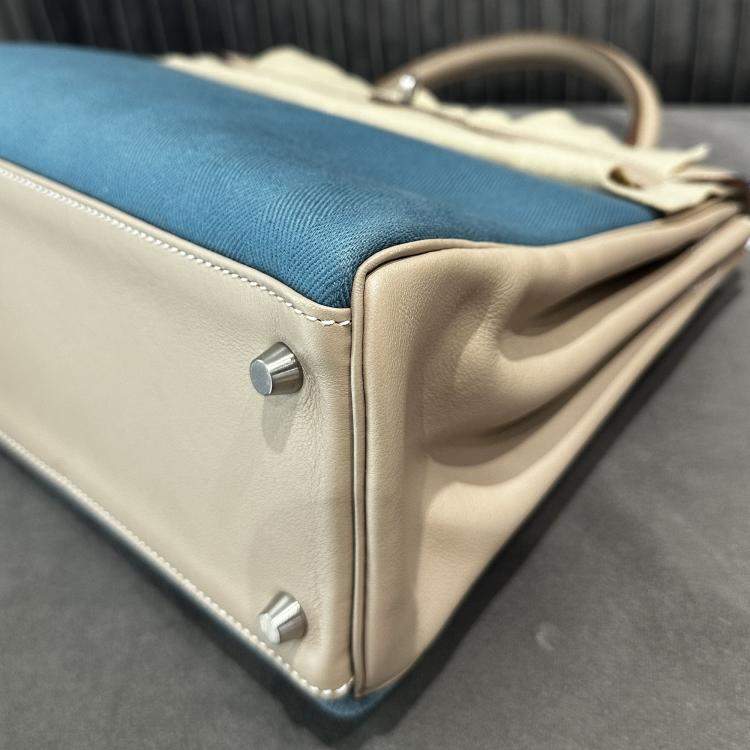 Pre Owned Hermes Kelly 32 Diamond Grey and Denim Blue Canvas Leather Handbag