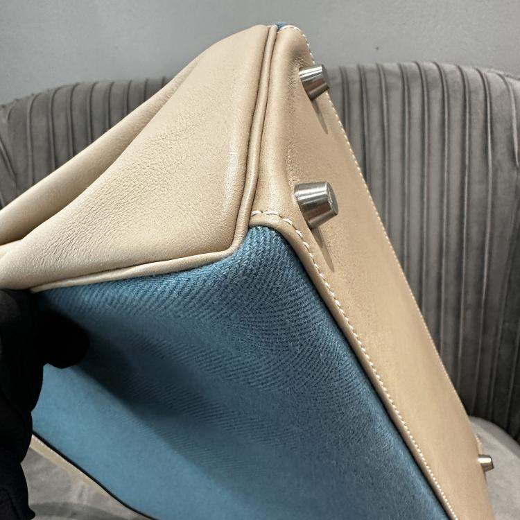 Pre Owned Hermes Kelly 32 Diamond Grey and Denim Blue Canvas Leather Handbag
