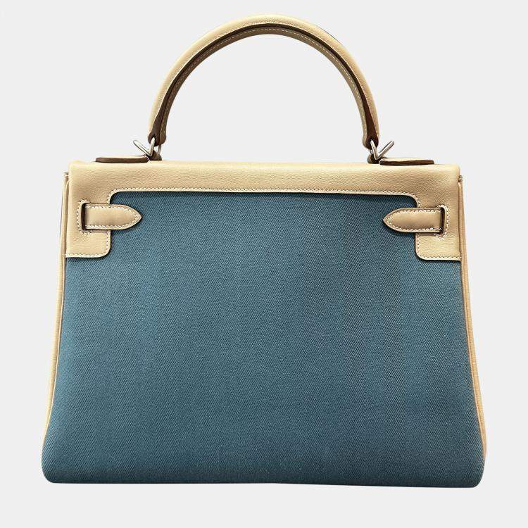 Pre Owned Hermes Kelly 32 Diamond Grey and Denim Blue Canvas Leather Handbag