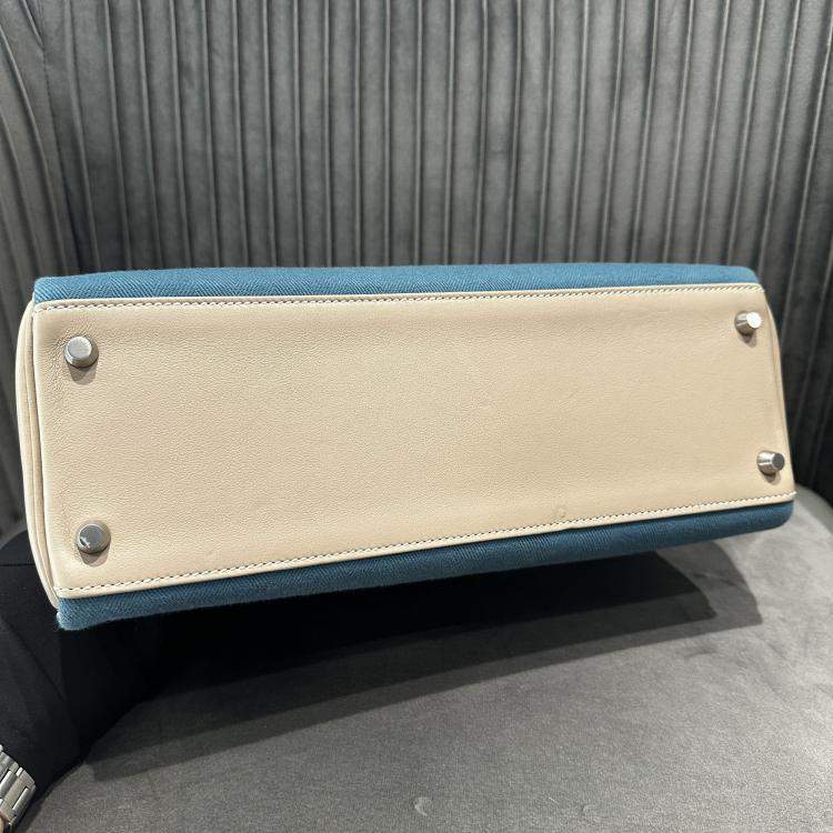 Pre Owned Hermes Kelly 32 Diamond Grey and Denim Blue Canvas Leather Handbag