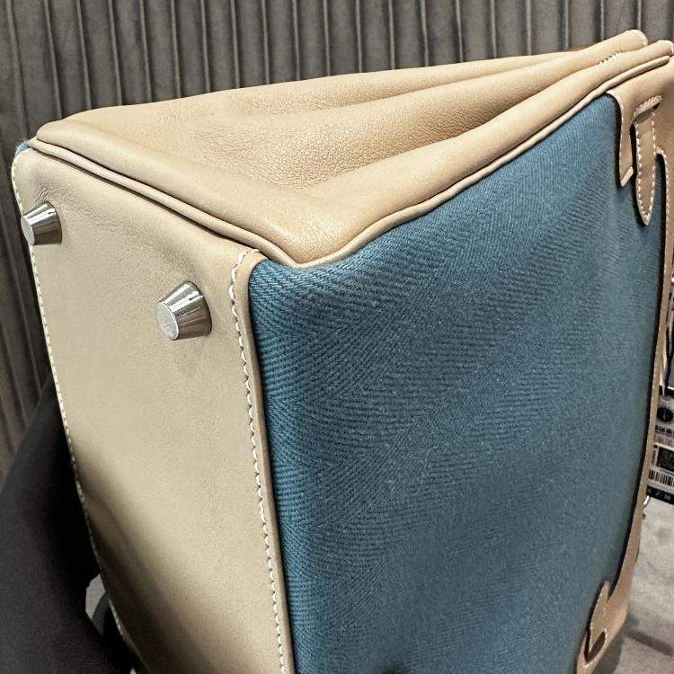 Pre Owned Hermes Kelly 32 Diamond Grey and Denim Blue Canvas Leather Handbag