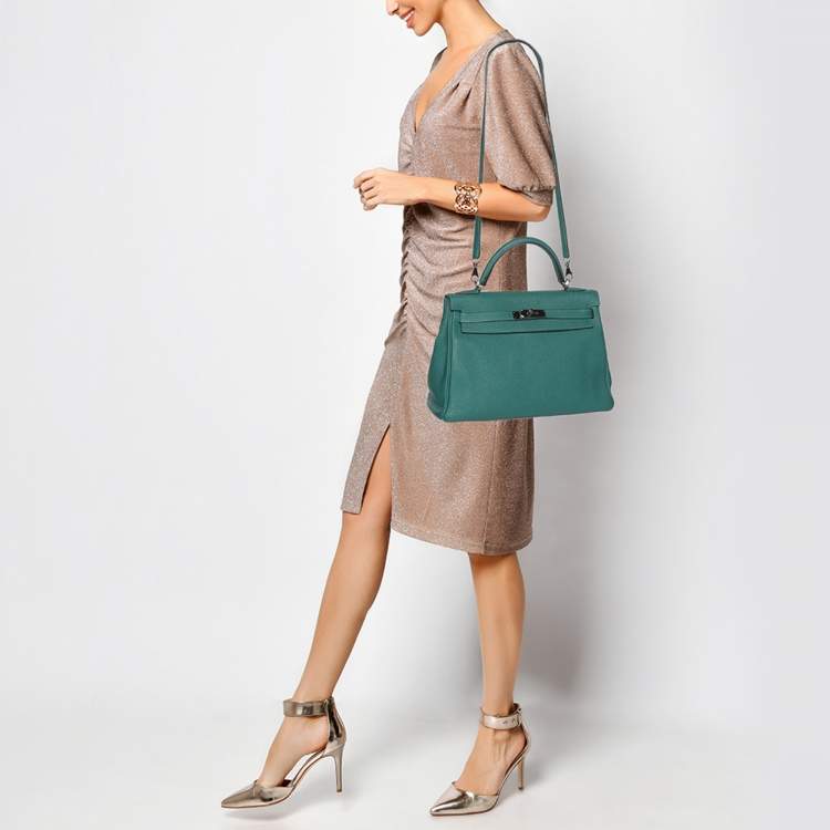 Pre Owned Hermes Vert Verone Clemence Leather Palladium Finish Kelly Retourne 32 Bag