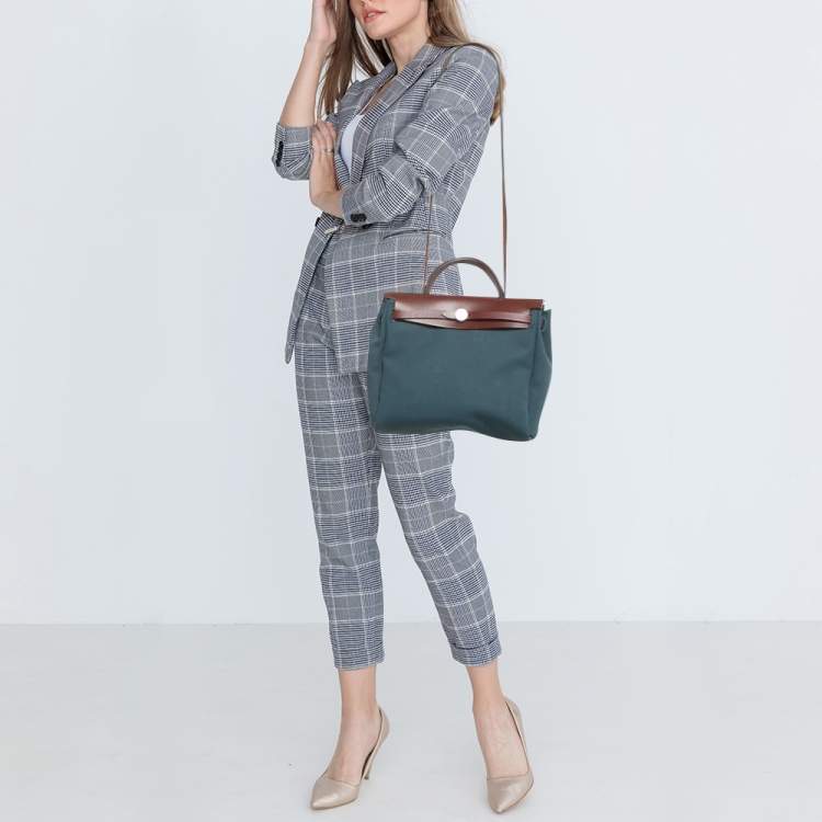Pre Owned Hermes Blue Agate/Rouge H Canvas and Leather Herbag 28 Bag