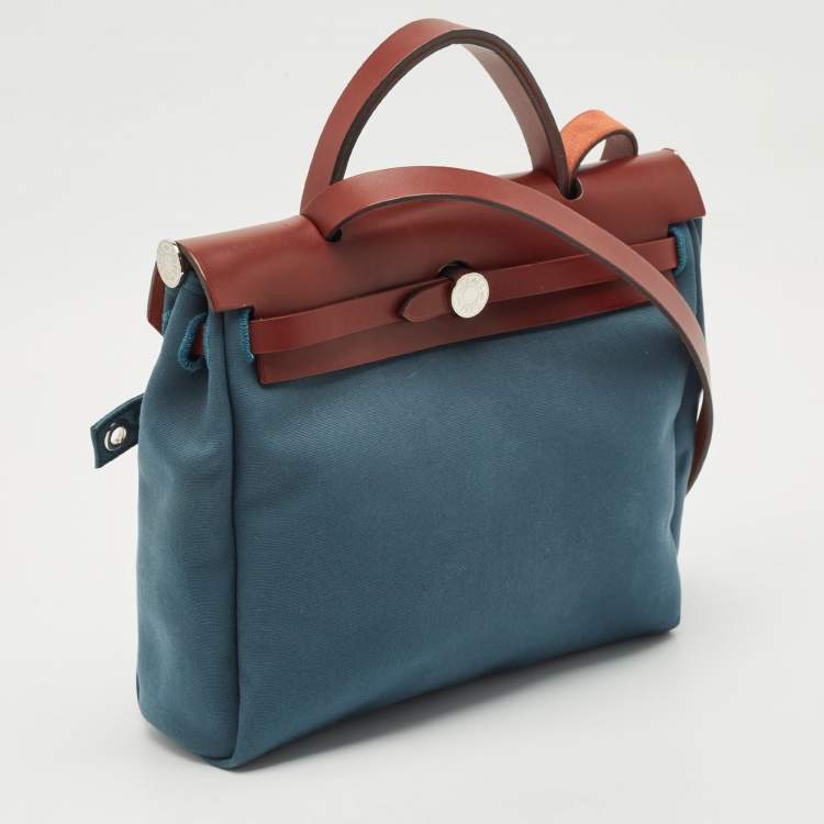 Pre Owned Hermes Blue Agate/Rouge H Canvas and Leather Herbag 28 Bag