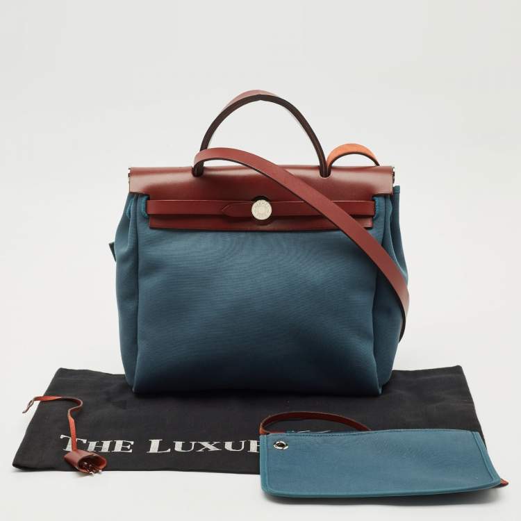 Pre Owned Hermes Blue Agate/Rouge H Canvas and Leather Herbag 28 Bag