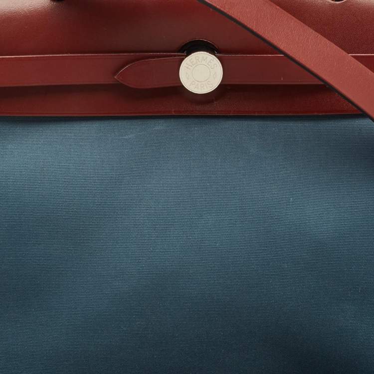 Pre Owned Hermes Blue Agate/Rouge H Canvas and Leather Herbag 28 Bag