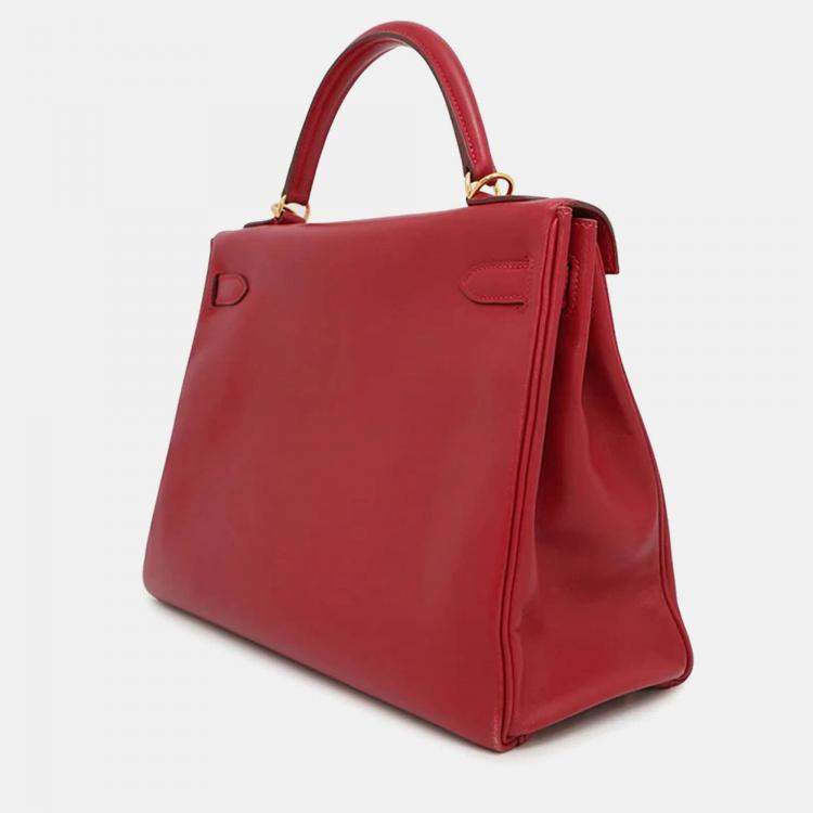 Pre Owned Hermes Kelly Retourne 32 Rouge Vif Box Calf Leather Handbag