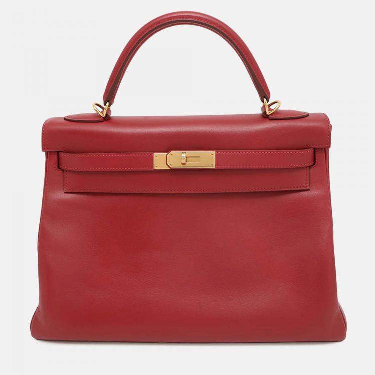 Pre Owned Hermes Kelly Retourne 32 Rouge Vif Box Calf Leather Handbag