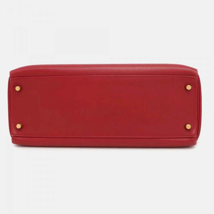 Pre Owned Hermes Kelly Retourne 32 Rouge Vif Box Calf Leather Handbag
