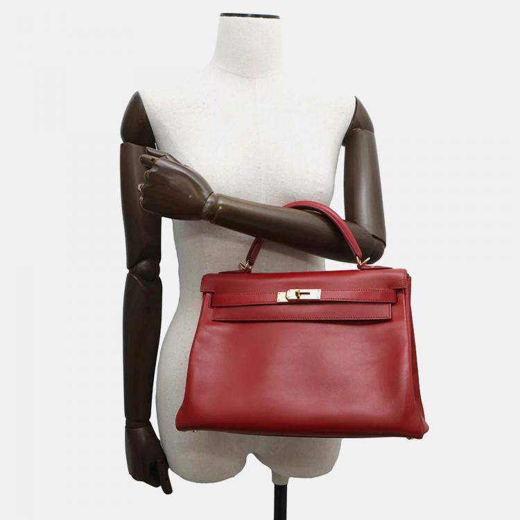 Pre Owned Hermes Kelly Retourne 32 Rouge Vif Box Calf Leather Handbag