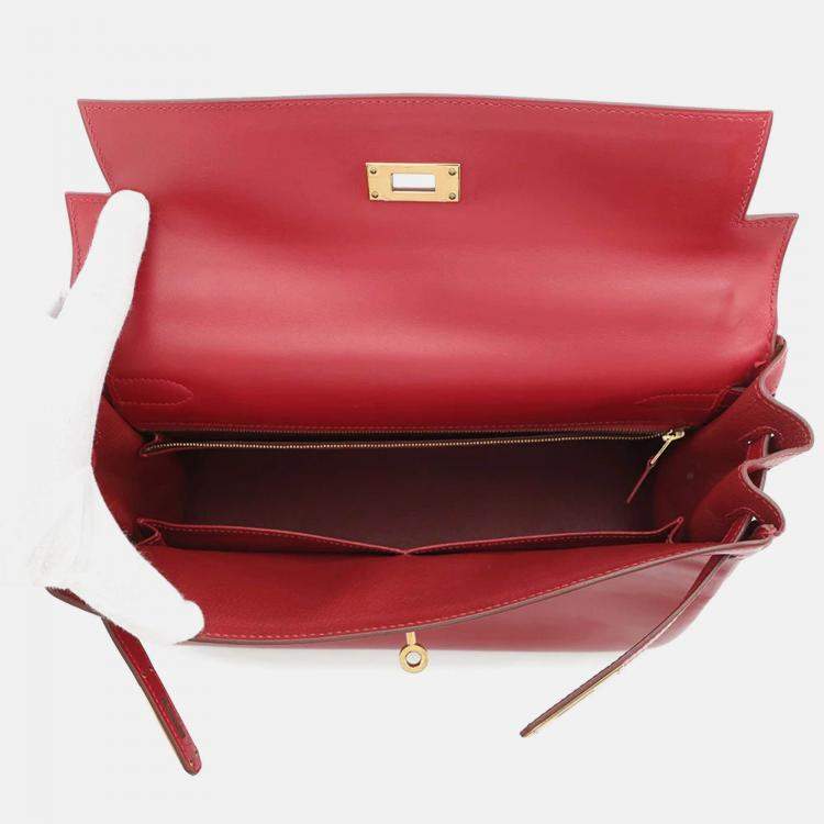 Pre Owned Hermes Kelly Retourne 32 Rouge Vif Box Calf Leather Handbag