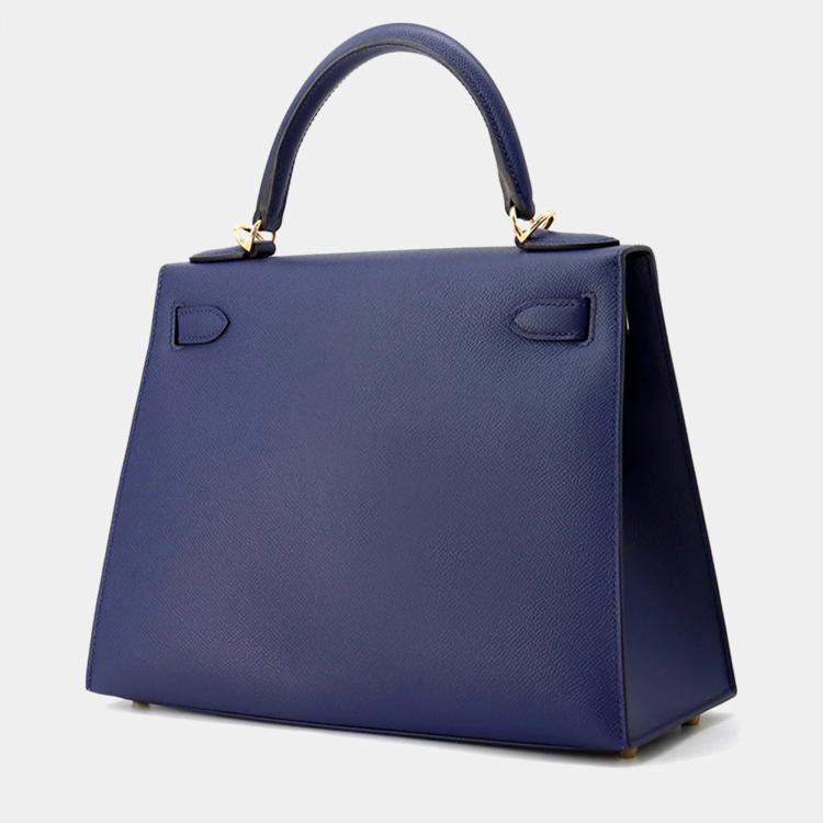 Pre Owned Hermes Kelly Sellier 28 Blue Saphir Epsom Handbag