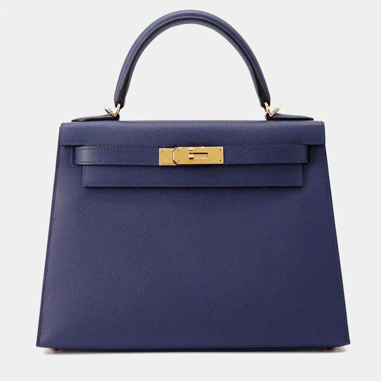 Pre Owned Hermes Kelly Sellier 28 Blue Saphir Epsom Handbag