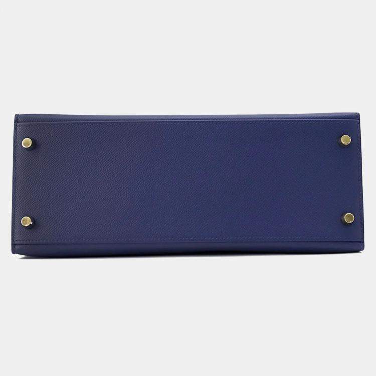 Pre Owned Hermes Kelly Sellier 28 Blue Saphir Epsom Handbag