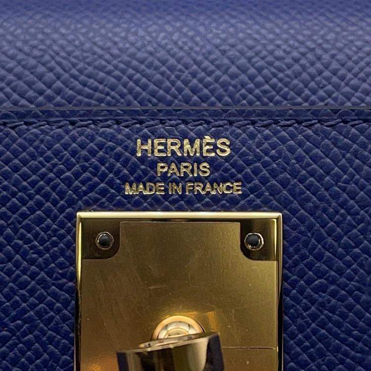 Pre Owned Hermes Kelly Sellier 28 Blue Saphir Epsom Handbag