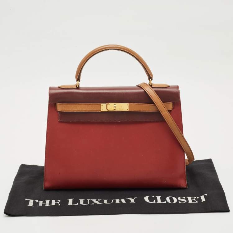 Pre Owned Hermes Rouge H/Rouge Vif/Naturel Box Leather Gold Finish Kelly Sellier 32 Bag