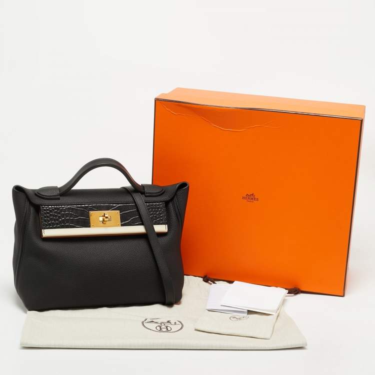 Pre Owned Hermes Noir Matte Alligator and Togo Leather Gold Finish 24/24 29 Bag